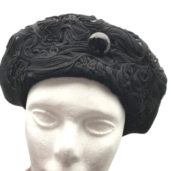 Black Wool Beret with Black Ribbon/Button Detail main image 5